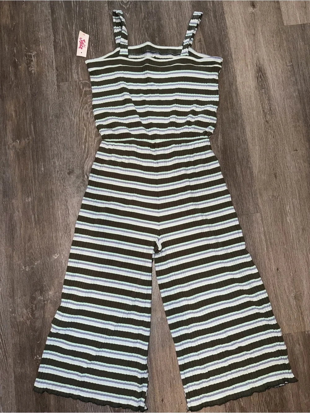 Justice Striped Green and White Kids One-Piece Romper - Sleeveless